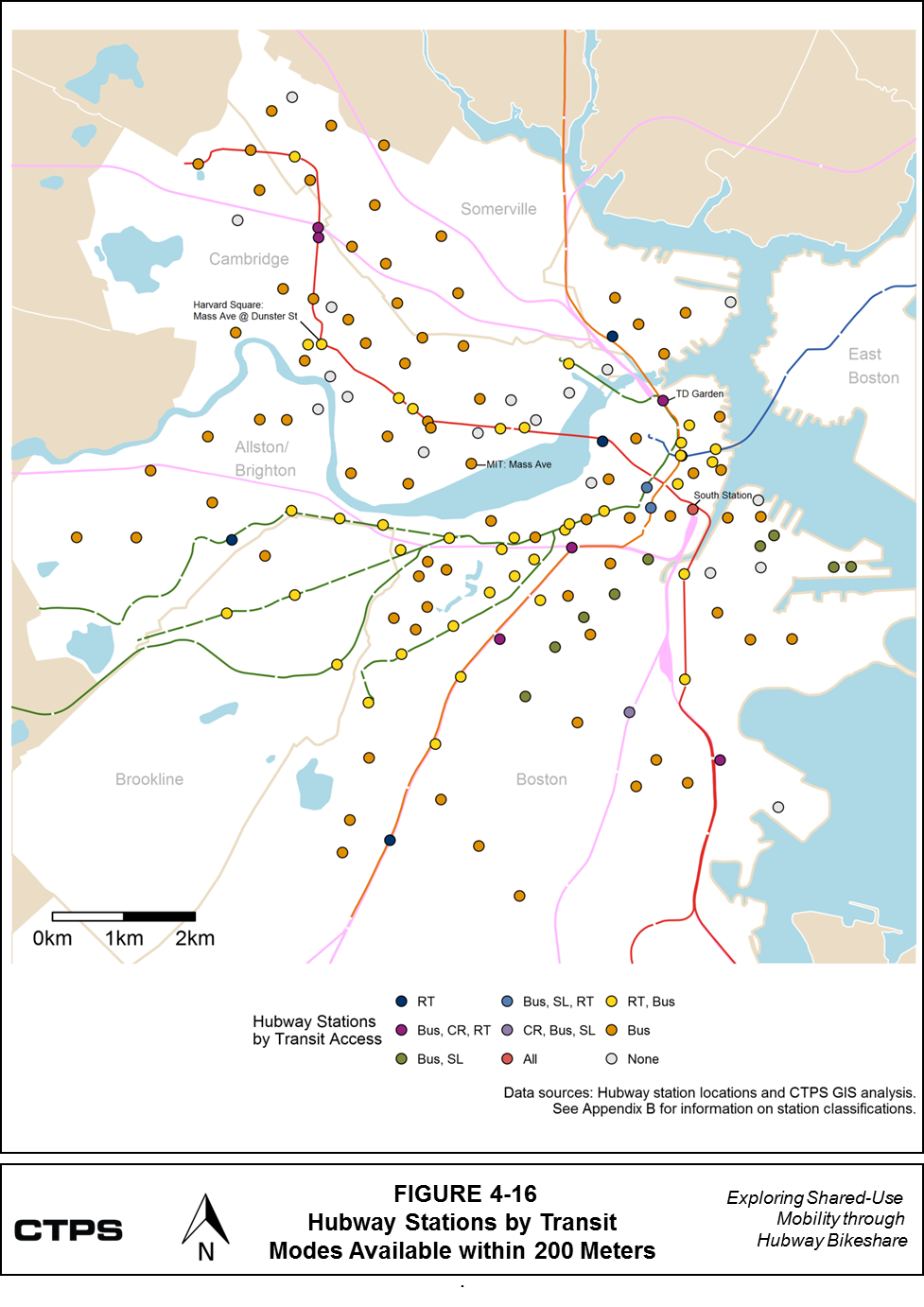FIGURE 4-16: Hubway Stations by Transit Modes Available within 200 Meters. This map classifies Hubway stations by the transit modes that are available within 200 meters of the Hubway station. More information on individual stations and the transit modes near to them is available in Appendix B.